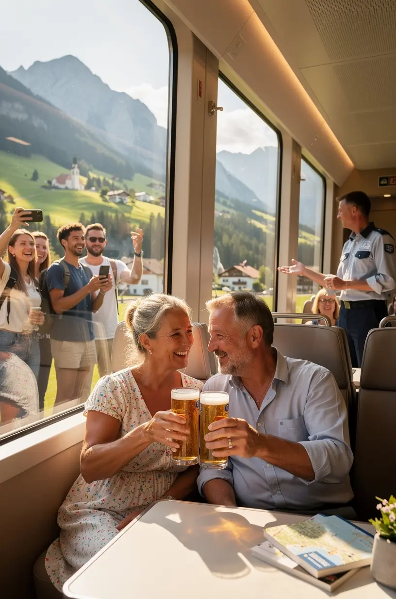 Panoramablick aus dem Zugfenster auf die malerische deutsche Landschaft mit sanften Hügeln und historischen Schlössern.